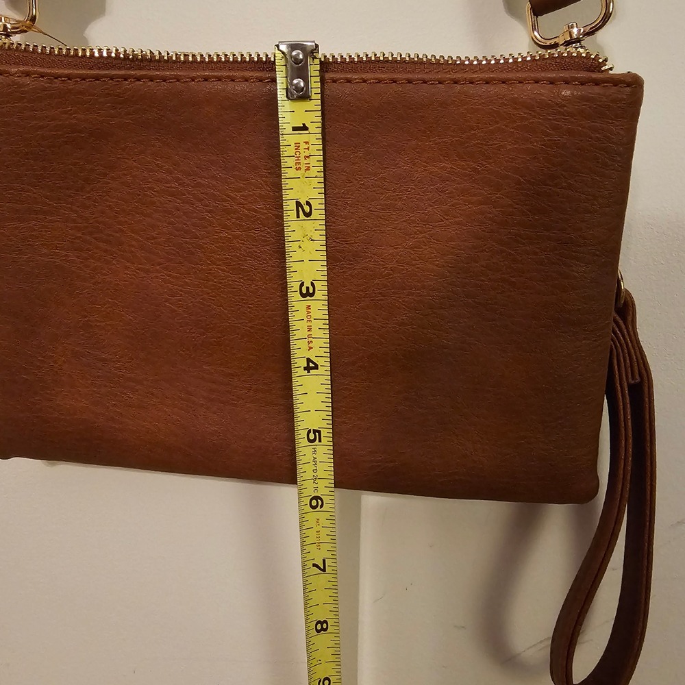 Brown Vegan Leather Triple Zip Crossbody Bag with Striped Guitar Strap Clutch - Picture 3 of 11